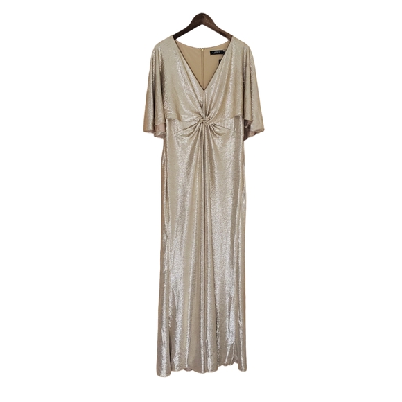 RALPH LAUREN | Gold Champagne Foil Print Jersey Cape Gown (Size 14) - Picture 3 of 15